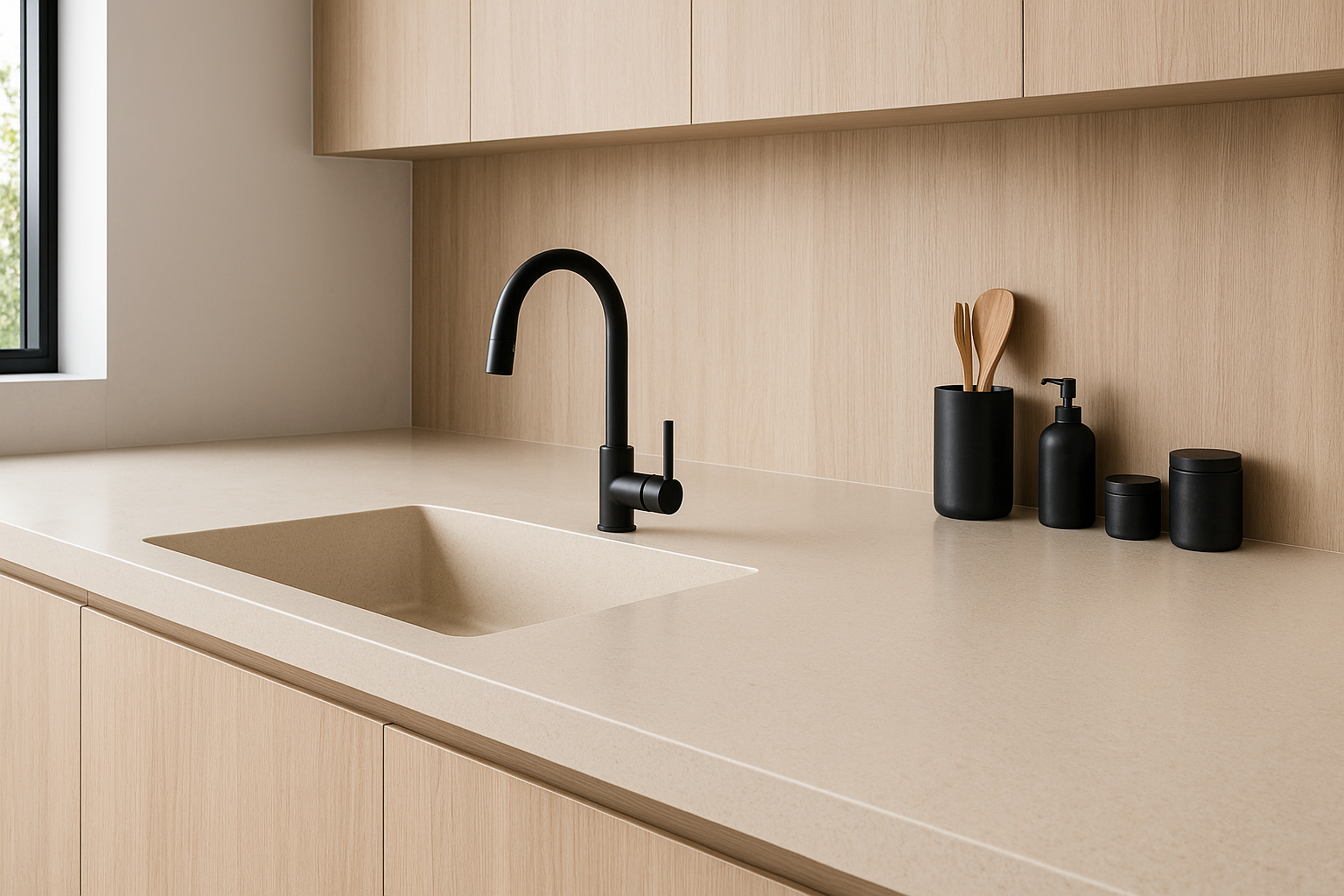 Imagem de uma bancada mineral com cuba moldada em ambiente moderno